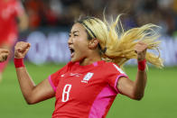 South Korea's Cho So-hyun reacts after scoring her team's first goal during the Women's World Cup Group H soccer match between South Korea and Germany in Brisbane, Australia, Thursday, Aug. 3, 2023. (AP Photo/Tertius Pickard)