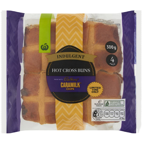 Package of Indulgent Caramilk Hot Cross Buns 4 Pack - $3.50