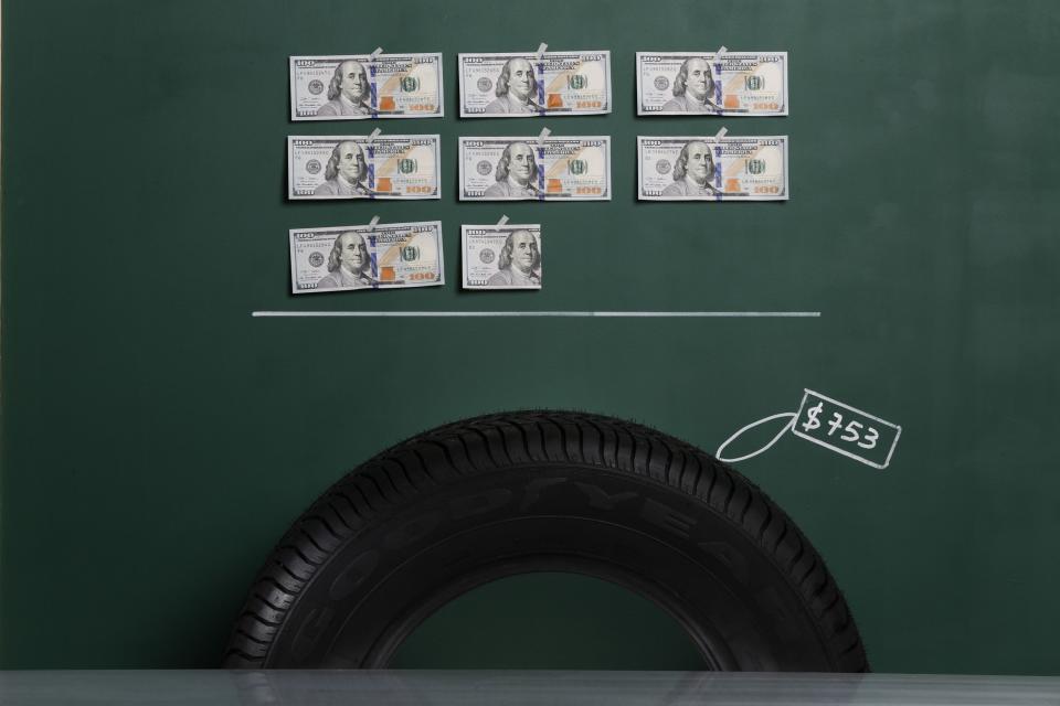 A Goodyear brand automobile tyre as photographed with an illustrative price tag of $753 in Caracas