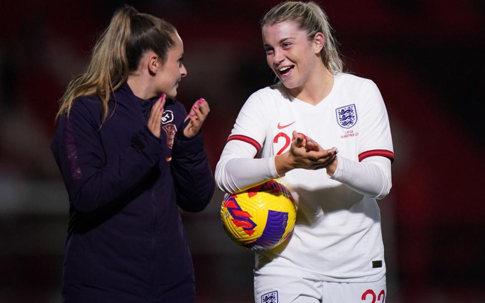 England's Alessia Russo with a match ball after the Women's FIFA World Cup Qualifying - PA