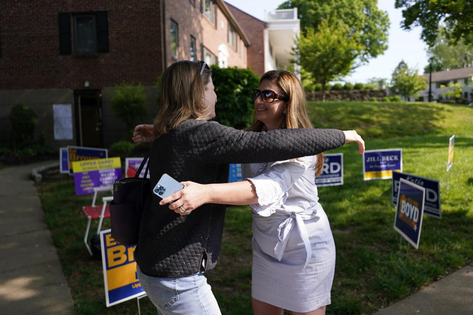 Katie Ford, Republican candidate for Pennsylvania House of Representatives, greets a supporter before voting at her polling place, Drexelbrook Apartments, Tuesday, May 16, 2023, in Drexel Hill, Pa. (AP Photo/Matt Slocum)