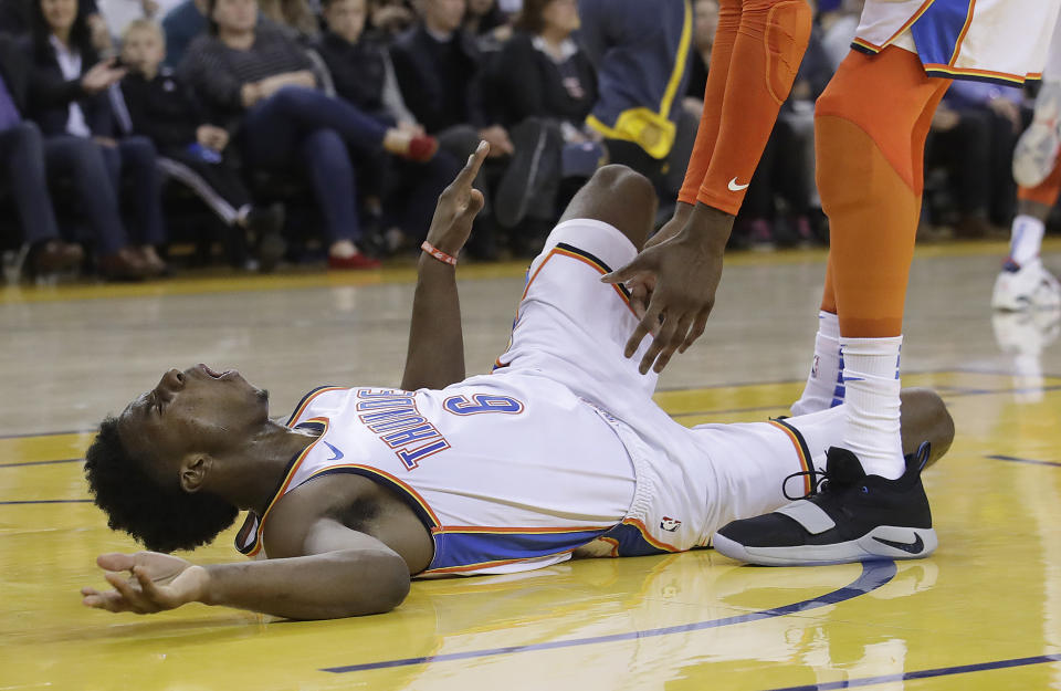 Oklahoma City rookie Hamidou Diallo was taken off the court on a stretcher after suffering a scary ankle injury in the Thunder’s 123-95 win against the Golden State Warriors on Wednesday.(AP Photo/Jeff Chiu)