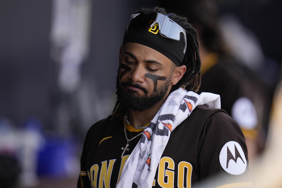 Fernando Tatis Jr. will rejoin the Padres as an outfielder once his suspension concludes in late April. (AP Photo/Abbie Parr)