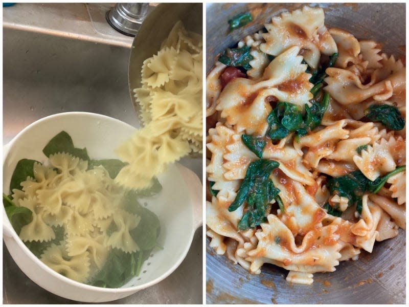 Left: draining pasta over spinach in a colander. Right: Pasta with tomato sauce and spinach.
