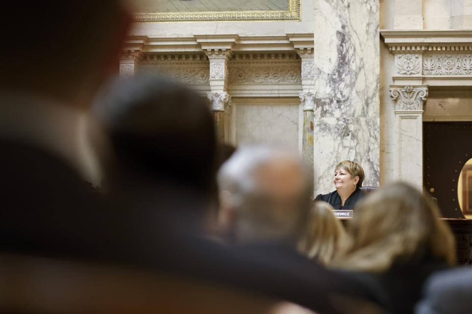 Wisconsin Supreme Court Justice Janet Protasiewicz listens to arguments during a redistricting hearing at the Wisconsin state Capitol Building in Madison, Wis., on Tuesday, Nov. 21, 2023. (Ruthie Hauge/The Capital Times via AP, Pool)