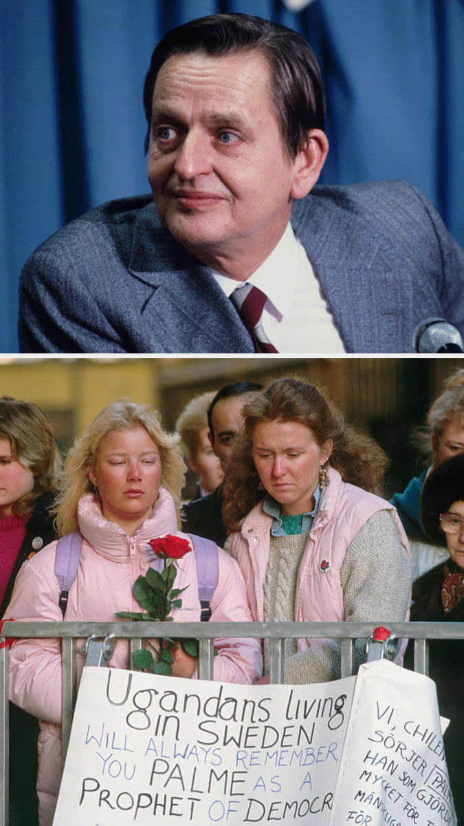 Prime Minister of Sweden, Olof Palme, sits in front of a microphone and looks over