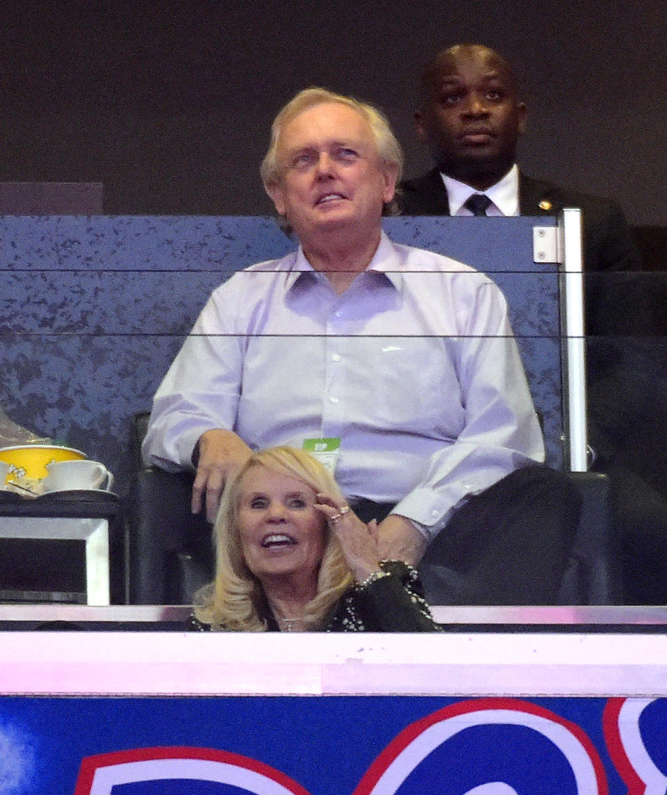 Los Angeles Clippers co-owner Shelly Sterling, below, watches the Clippers play the Oklahoma City Thunder along with her attorney, Pierce O'Donnell, in the first half of Game 3 of the Western Conference semifinal NBA basketball playoff series, Friday, May 9, 2014, in Los Angeles. (AP Photo/Mark J. Terrill)