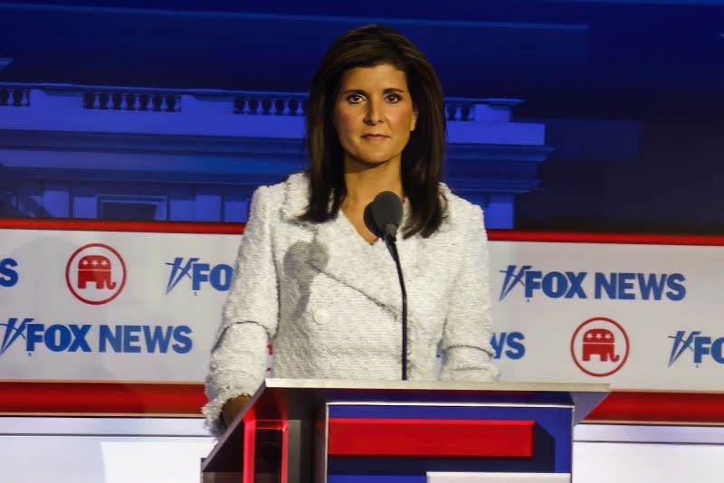 Republican presidential candidate Nikki Haley stands at her position during the first Republican presidential candidate debate of the 2024 presidential race at Fiserv Forum in Milwaukee, Wis., on Aug. 23. File Photo by Tannen Maury/UPI