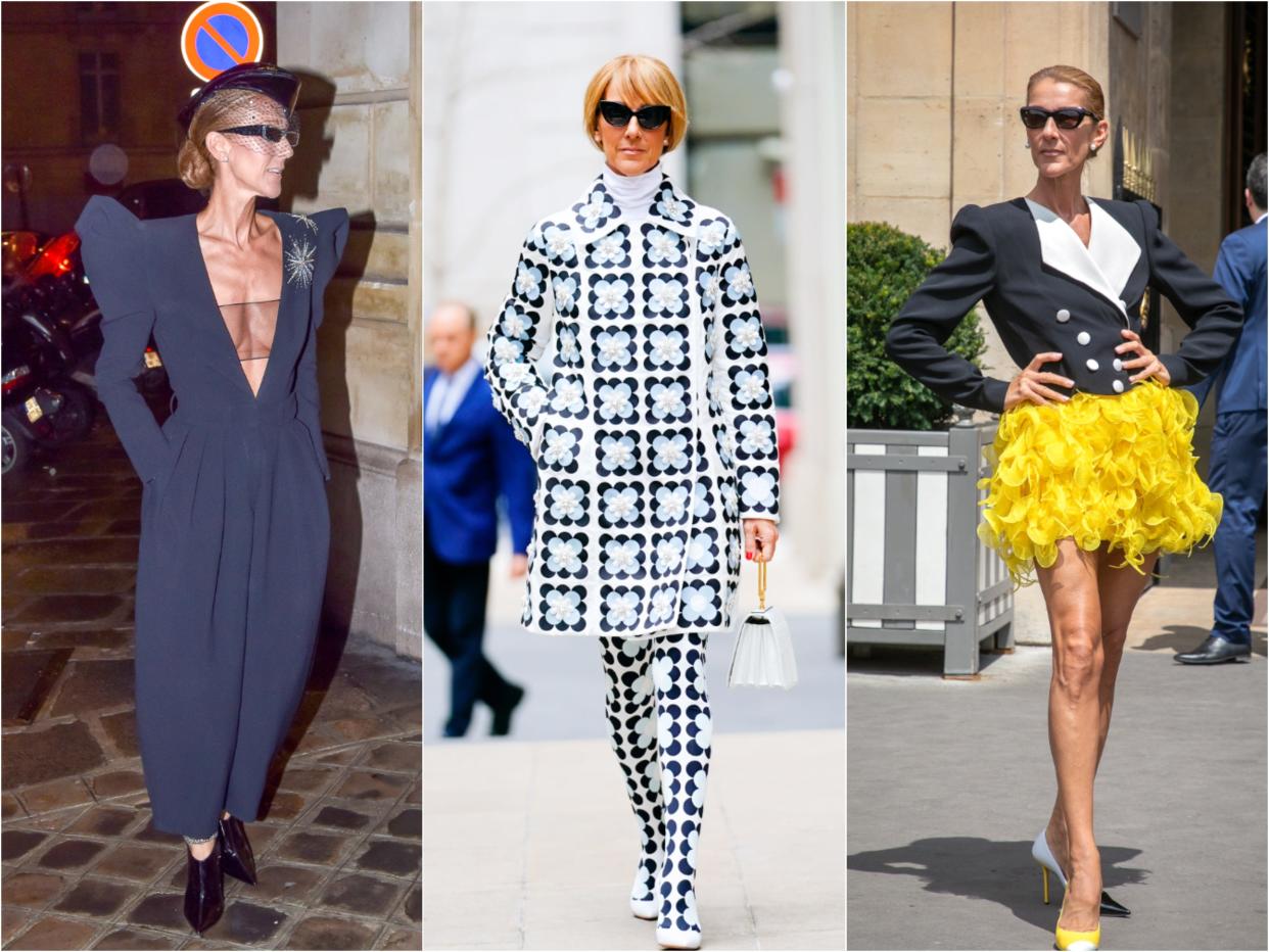 Three photos of Celine in a blue jumpsuit with a plunging neckline, a repeat floral print mod look, and a tuxedo jacket and yellow mini skirt.