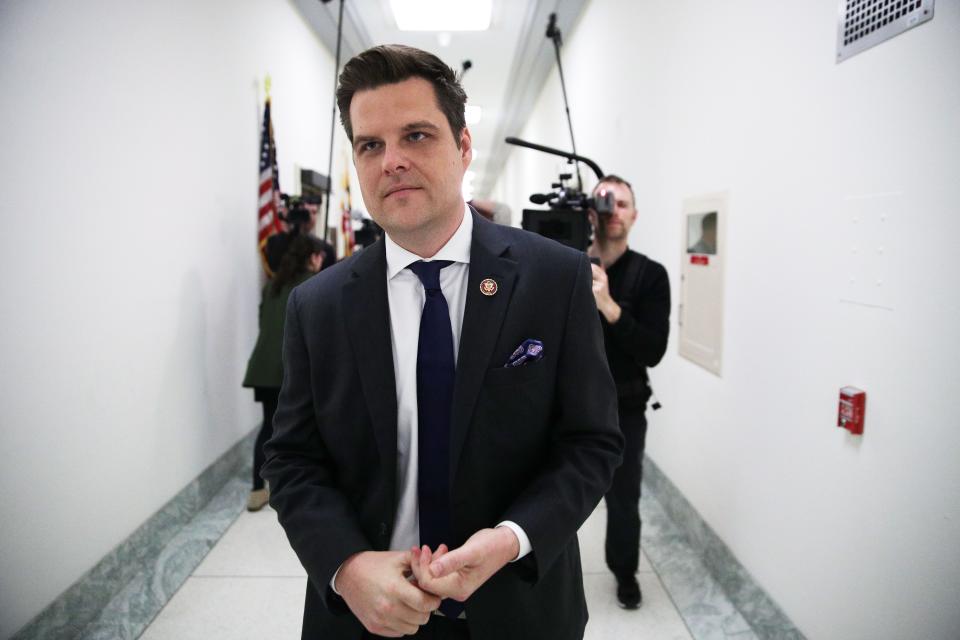 U.S. Rep. Matt Gaetz speaks to members of the media outside the hearing of Michael Cohen, former attorney and fixer for President Donald Trump, on February 27, 2019 in Washington, DC.