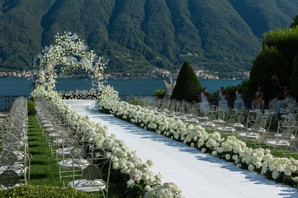 Giorgia Gabriele Wore a Custom Off-White Wedding Dress With a 26-Foot Train to Her Ceremony on Lake Como