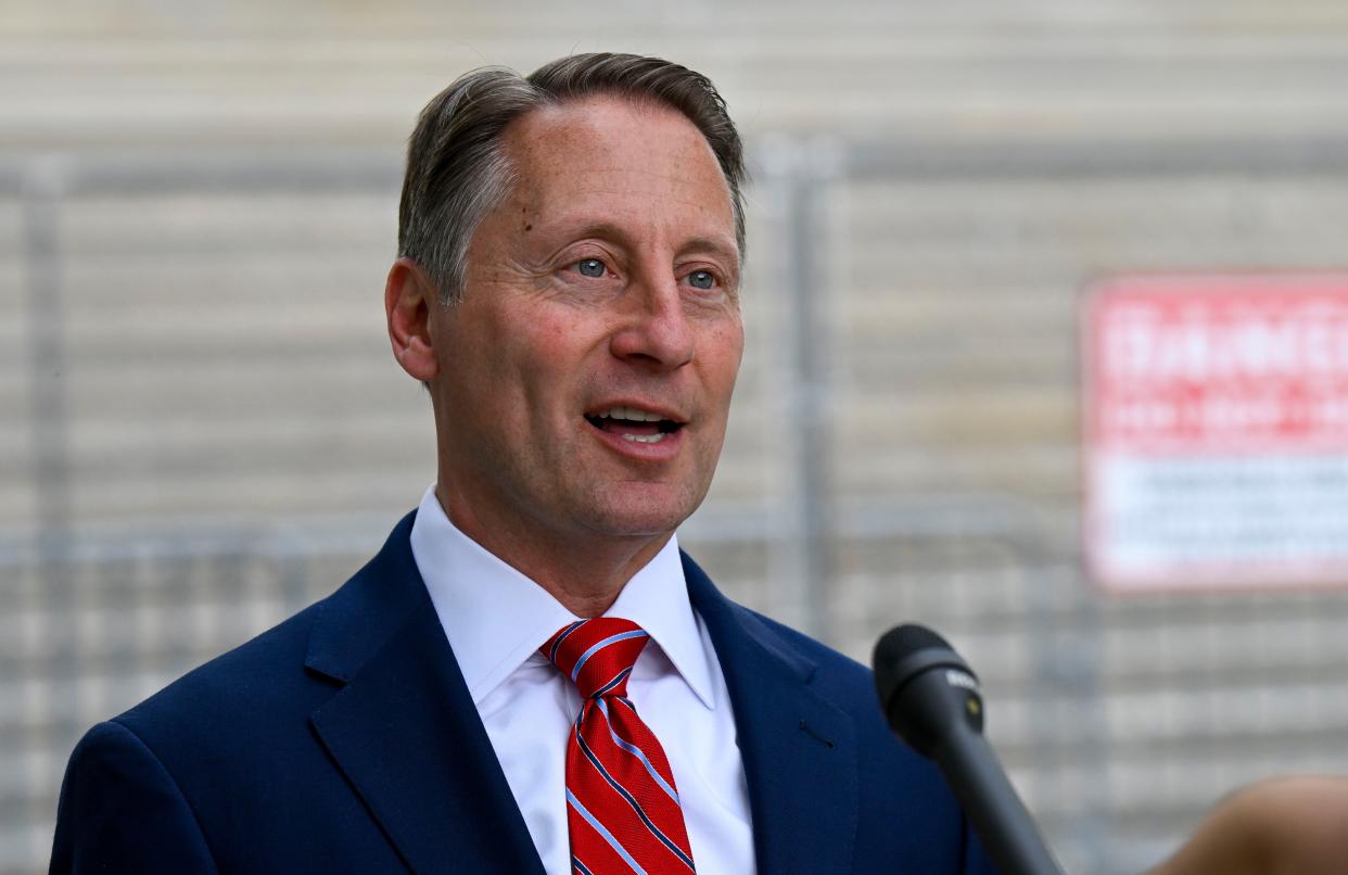 Republican candidate for Governor of New York, Rob Astorino, speaks to a reporter about gun laws and election issues outside the state Capitol on the last scheduled day of the 2022 legislative session in Albany, New York on Thursday, June 2, 2022.