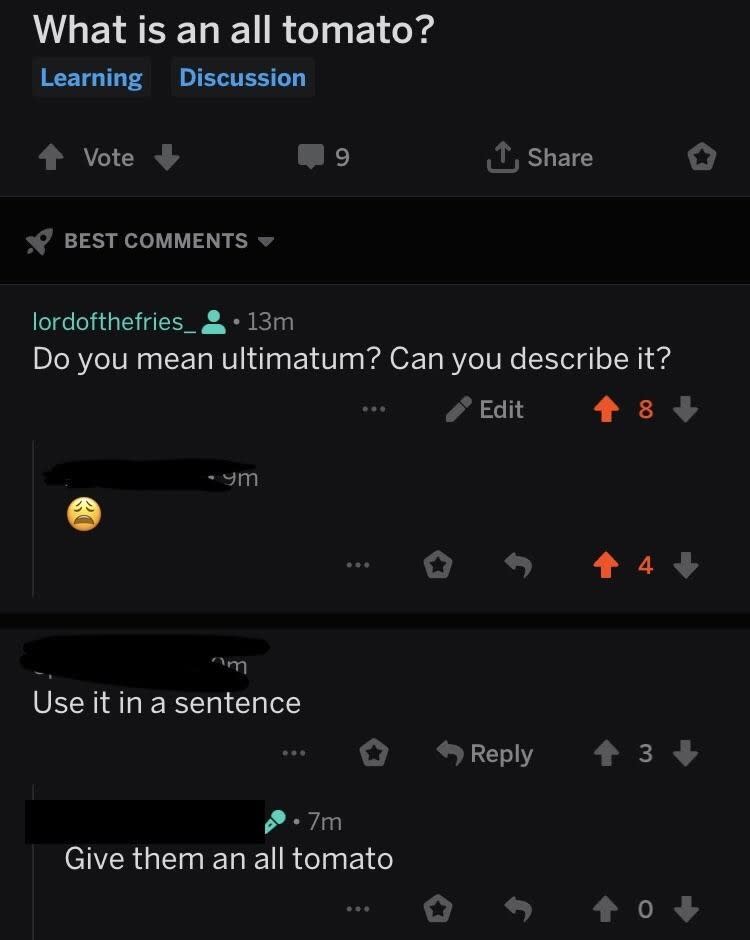 A social media thread where users jokingly discuss the term "all tomato." One user asks for a description, and another uses it in a sentence