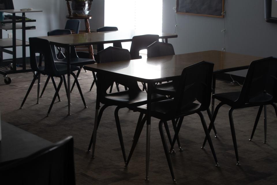 An empty classroom is seen inside French Middle School in Topeka.