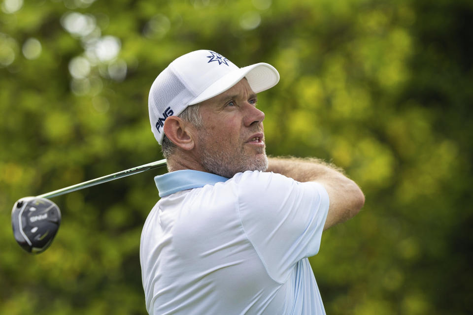 Lee Westwood hits his shot from the 16th tee during the second round of LIV Golf Singapore at the Sentosa Golf Club on Sentosa Island in Singapore on Saturday, April 29, 2023. (Doug DeFelice/LIV Golf via AP)