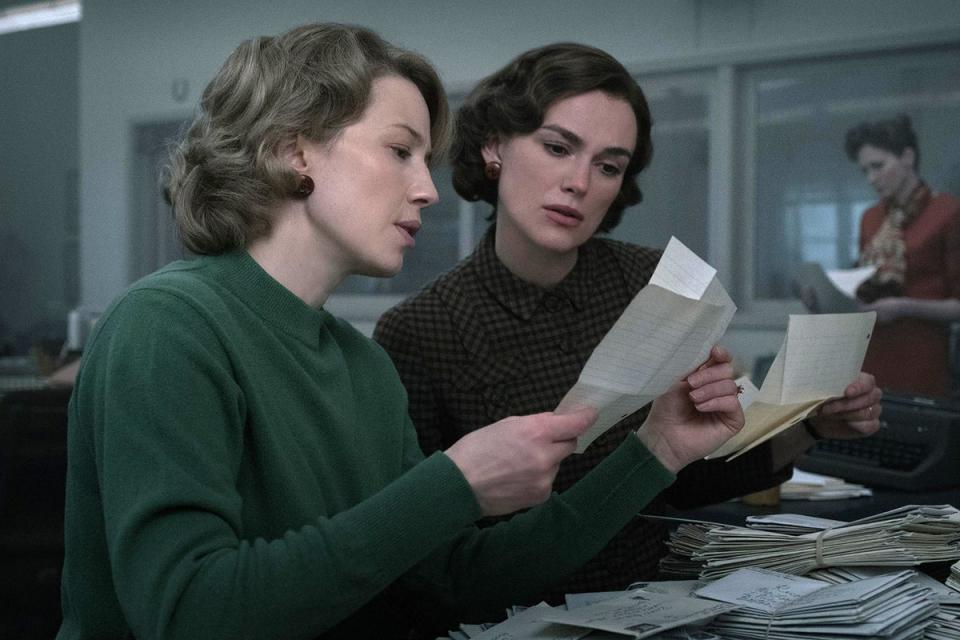 L-R: Carrie Coon (Jean Cole) and Knightley (Loretta McLaughlin) star alongside each other in upcoming film Boston Strangler streaming March 17 (Hulu)