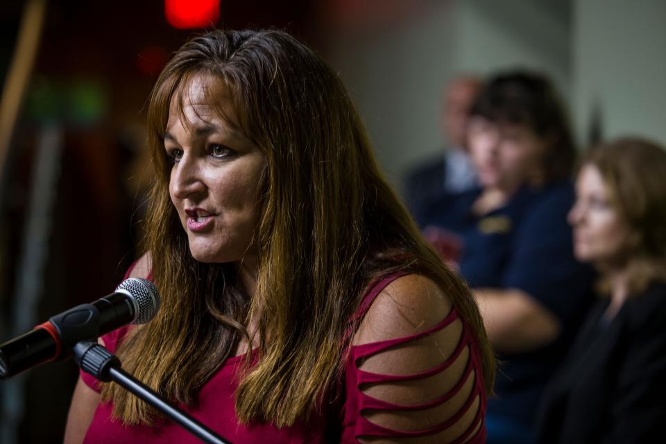 Jill Space speaks during a public comment portion of a meeting of the Sussex County Community College Board of Trustees at the SCCC Performing Arts Building Tuesday, August 20, 2019, in Newton.