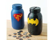 <p><b>Mason Jar Money Banks</b> These superhero money banks make awesome homemade gifts for kids, and they're easy to do. Blogger Melissa at <a rel="nofollow noopener" href="http://www.firefliesandmudpies.com/2014/09/14/mason-jar-superhero-banks/" target="_blank" data-ylk="slk:Fireflies and Mudpies;elm:context_link;itc:0;sec:content-canvas" class="link ">Fireflies and Mudpies</a> creates the iconic logos using only coloured tape. </p>