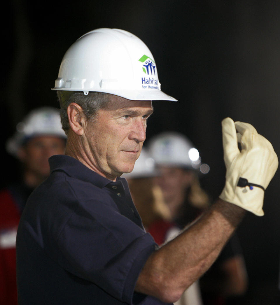 <strong>"I can't wait to join you in the joy of welcoming neighbors back into neighborhoods, and small businesses up and running, and cutting those ribbons that somebody is creating new jobs."  </strong>  -- Sept. 5, 2005, when Bush met with residents of Poplarville, Miss., in the wake of Hurricane Katrina.  <a href="http://www.huffingtonpost.com/2009/01/03/bushisms-over-the-years_n_154969.html" target="_blank">Source: The Associated Press</a> (JIM WATSON/AFP/Getty Images)