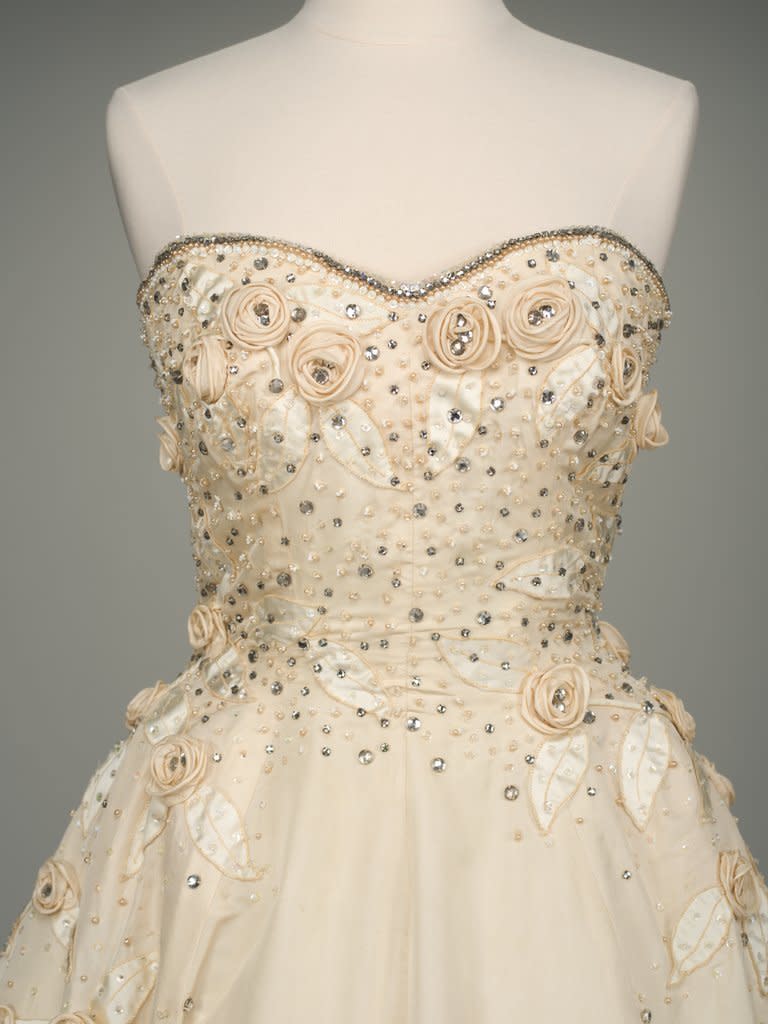 View of a cotillion dress designed by Anne Lowe, made from silk, satin, rhinestones, sequins, and glass beads,1956.