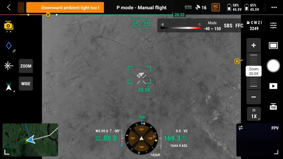 The body of a dead white-tailed deer shows up in white in the center of a drone control module in this screen capture from a Nov. 2022 deer recovery in Wisconsin. The drone was able to locate the animal utilizing thermal imaging technology.