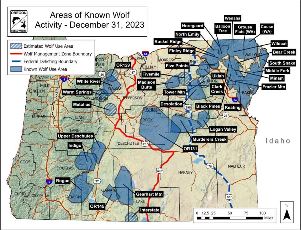 A map by the Oregon Department of Fish and Wildlife shows areas of known wolf activity in the state.