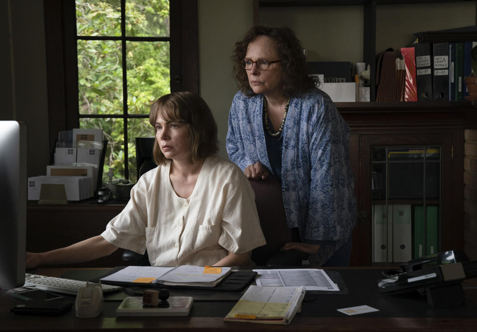 This image released by A24 shows Michelle Williams, left, and Maryann Plunkett in a scene from "Showing Up." (Allyson Riggs/A24 via AP)
