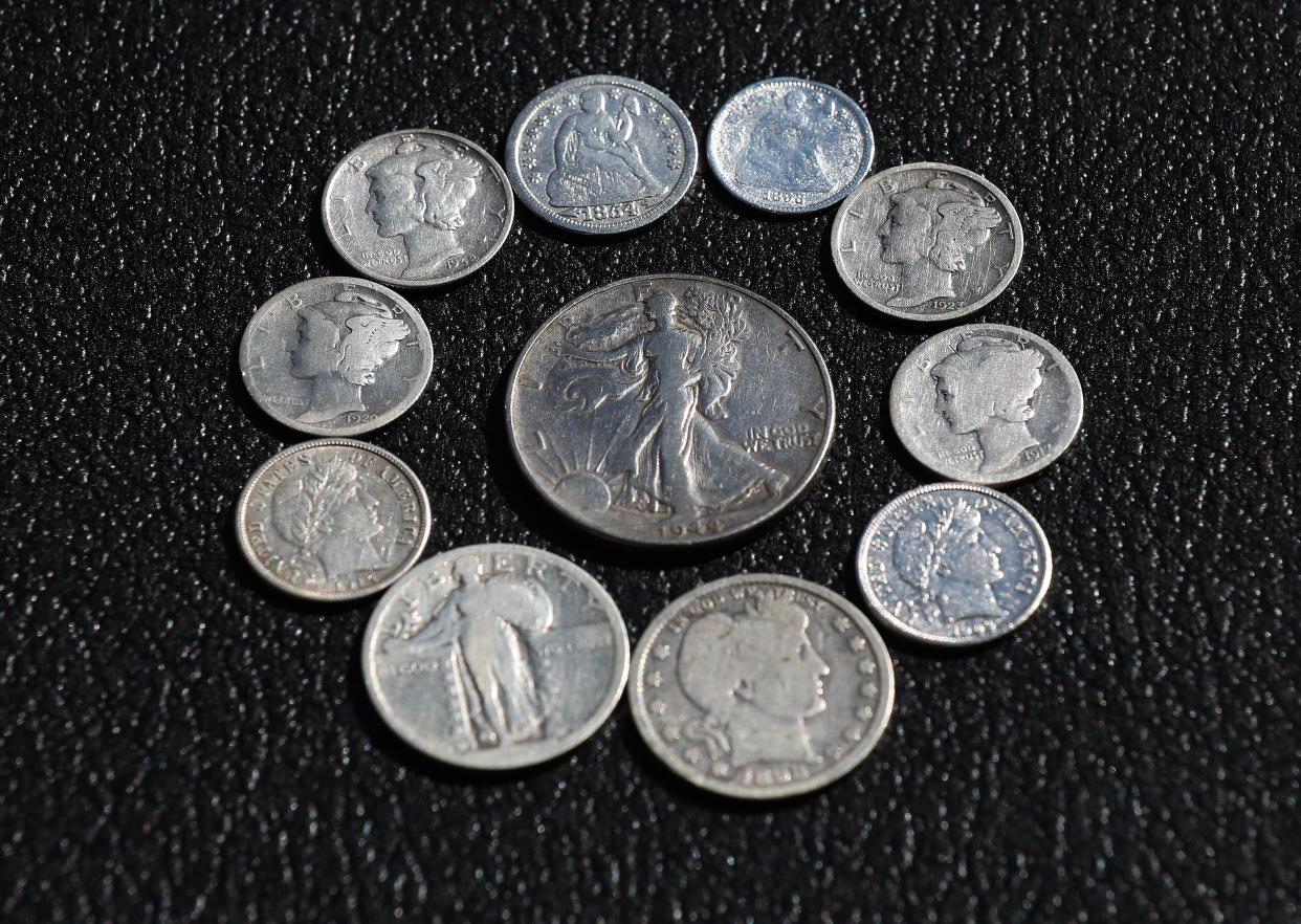 Kentucky Dirt Digger Jared Handley found these assorted U.S. silver coins (1854-1944) on previous digs in counties surrounding Henderson, Ky.on Oct. 23, 2023. The business has generated a growing social media following.