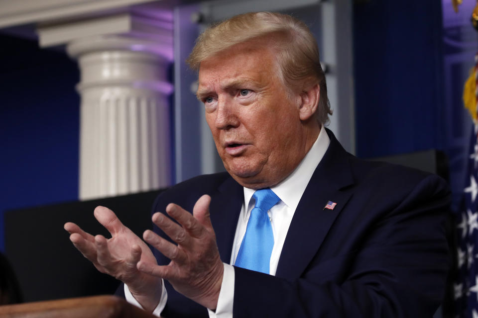 President Donald Trump speaks about the coronavirus in the James Brady Press Briefing Room of the White House, Tuesday, April 7, 2020, in Washington. (AP Photo/Alex Brandon)