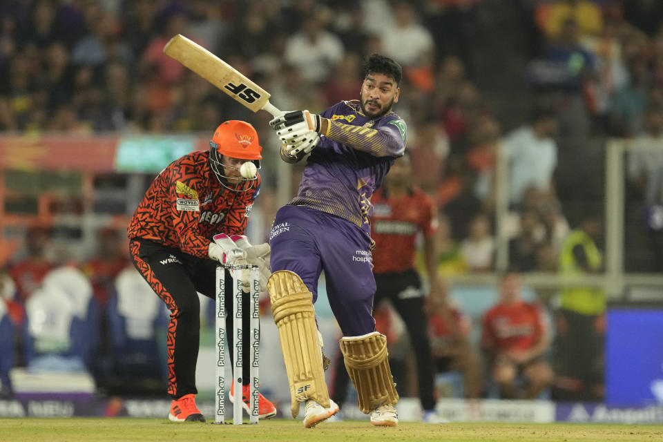 Kolkata Knight Riders' Venkatesh Iyer plays a shot during the Indian Premier League qualifier cricket match between Kolkata Knight Riders and Sunrisers Hyderabad in Ahmedabad, India, Tuesday, May 21, 2024. (AP Photo/Ajit Solanki)