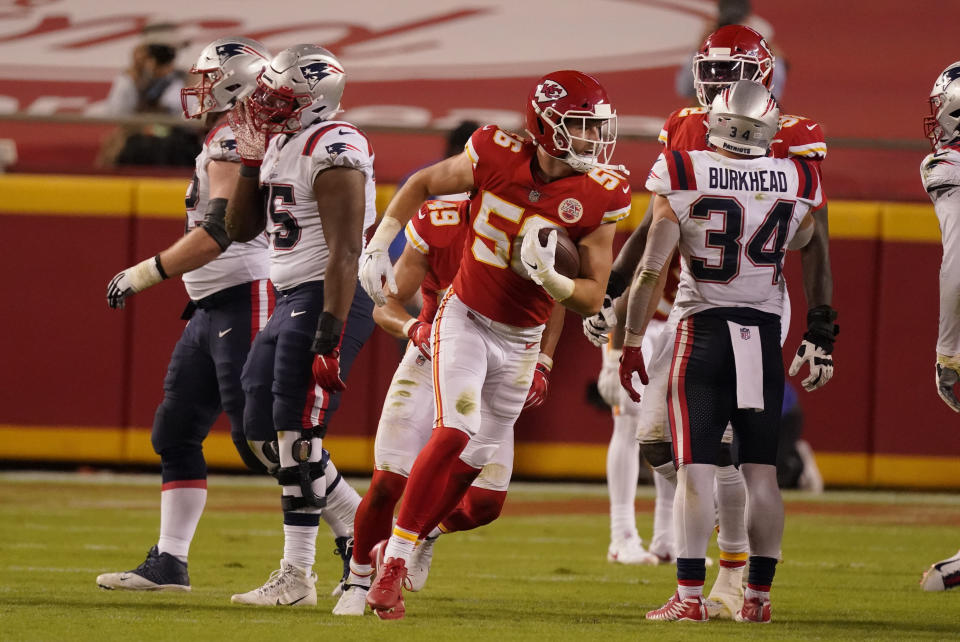 Kansas City Chiefs linebacker Ben Niemann (56) celebrates after recovering a fumble by New England Patriots quarterback Brian Hoyer during the second half of an NFL football game against the New England Patriots, Monday, Oct. 5, 2020, in Kansas City. (AP Photo/Charlie Riedel)