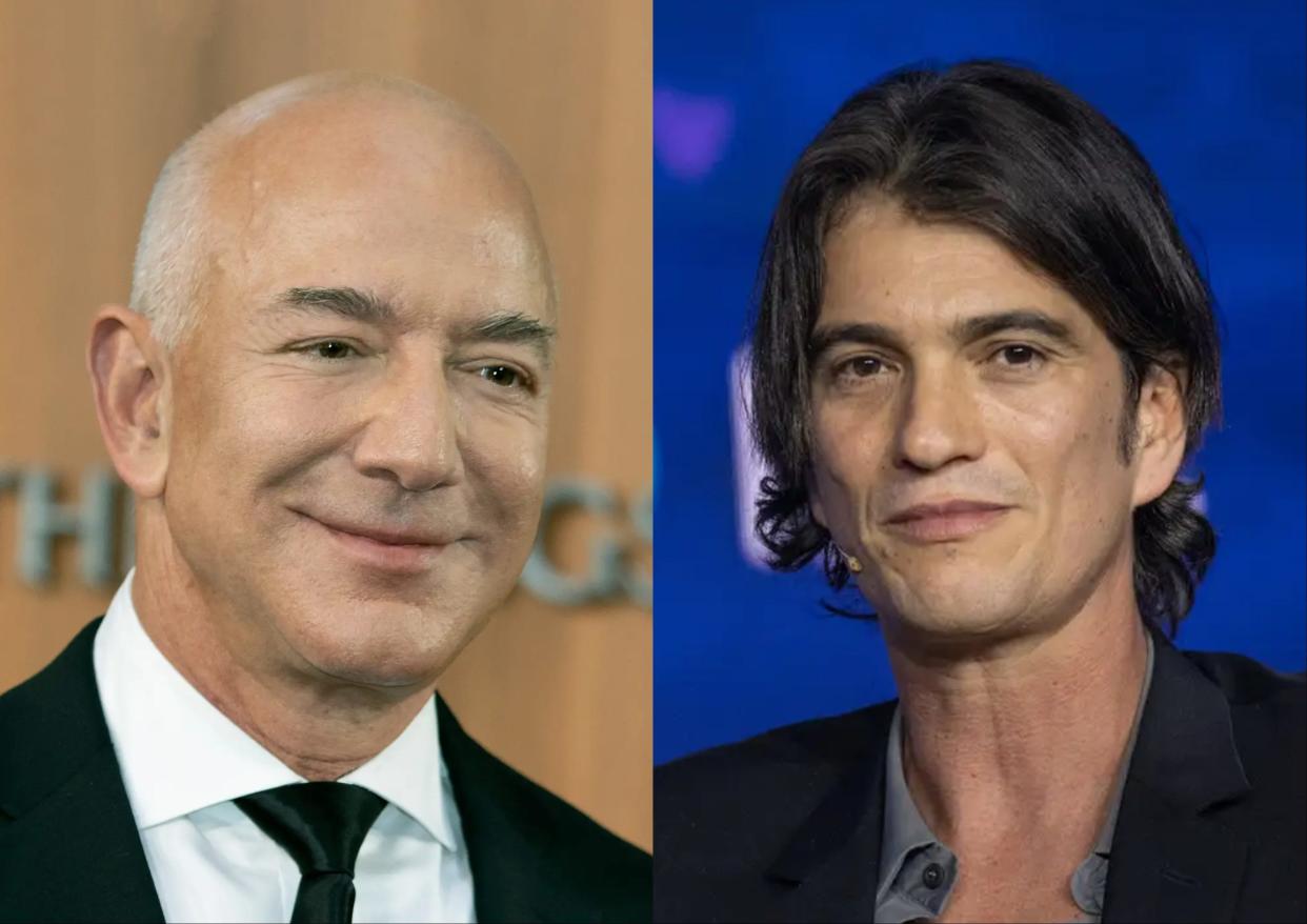 A composite image of Jeff Bezos and Adam Neumann.