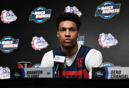 FILE PHOTO: March 27, 2019; Anaheim, CA, USA; Gonzaga Bulldogs forward Brandon Clarke (15) speaks with media during practice for the west regional of the 2019 NCAA Tournament at Honda Center. Mandatory Credit: Richard Mackson-USA TODAY Sports