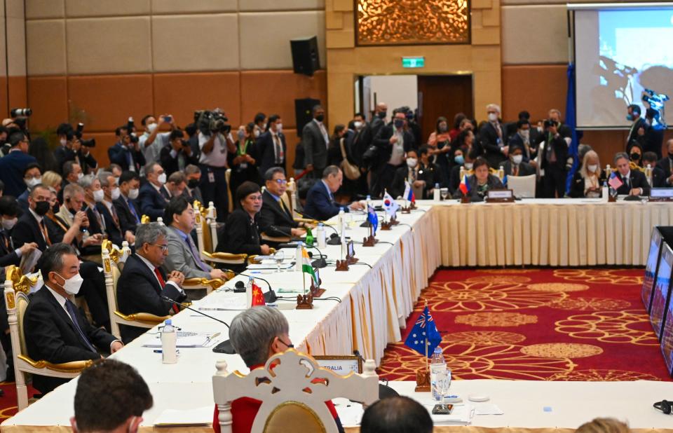 China’s foreign minister Wang Yi (L), Japans foreign minister Yoshimasa Hayashi (2nd L), New Zealand’s foreign minister Nanaia Mahuta (3rd L), South Koreas foreign minister Park Jin (4th L), Russias foreign minister Sergei Lavrov (C) and US Secretary of State Anthony Blinken (R) attend the East Asia Summit Foreign Ministers meeting during the 55th Asean Foreign Ministers’ Meeting in Phnom Penh on 5 August 2022 (AFP via Getty Images)