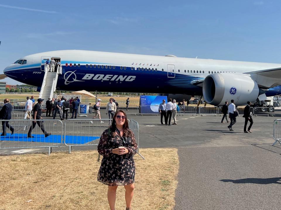 Boeing 777X Flight Test 1 aircraft at the Farnborough Air Show 2022.