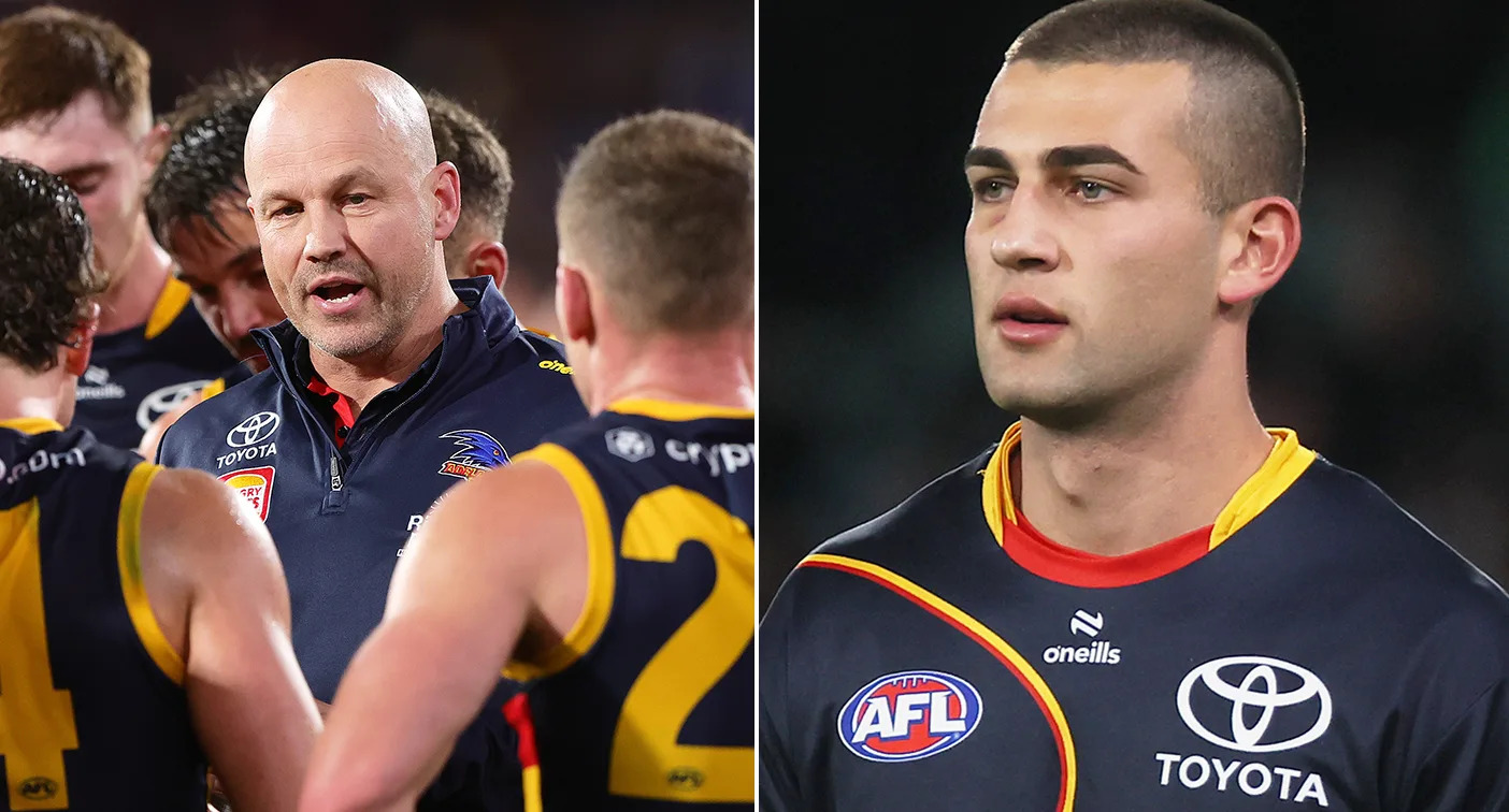 Pictured left to right, Adelaide Crows coach Matthew Nicks and Josh Rachele.