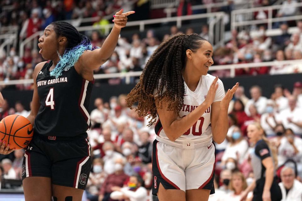 Haley Jones (right) and Aliyah Boston react to a call during a 2022 matchup between No. 1 South Carolina and No. 2 Stanford.