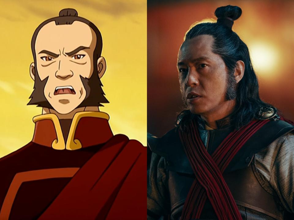 left: zhao in avatar the last airbender, with sharp sideburn facial hair, red military wear, and a top knot looking angry; right: zhao in the live-action avatar, his hair worn to his shoulders, pulled half-up in a top knot, and with sideburns