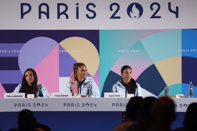 <p>Mike Lawrie/Getty Images</p> From left: Mallory Swanson, Trinity Rodman and Sophia Smith during an Aug. 8 press conference