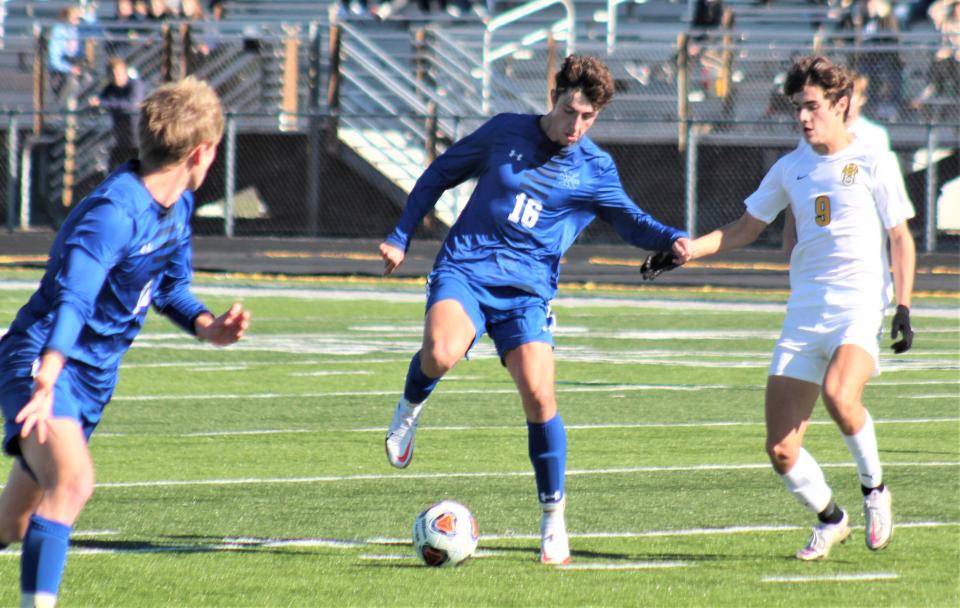 St. Xavier senior Tanner Creech plays the ball as St. Xavier fell to Centerville 6-5 in penalty kicks after a 2-2 tie in an OHSAA Division I regional boys soccer championship game Nov. 6, 2021, at Lakota East High School.