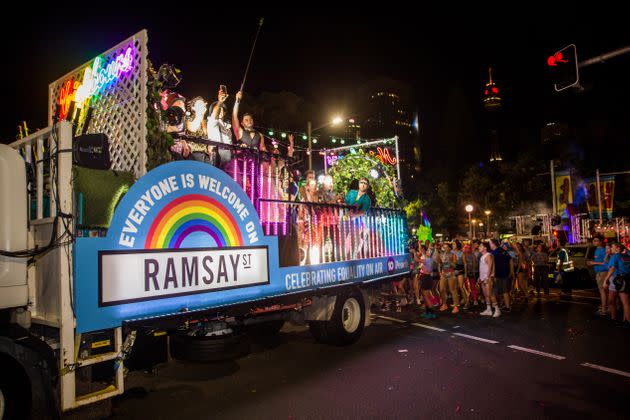 Neighbours cast dance away on their own Ramsay street float during the 2019 Sydney Gay & Lesbian Mardi Gras Parade on March 02, 2019 in Sydney, Australia. The Sydney Mardi Gras parade began in 1978 as a march and commemoration of the 1969 Stonewall Riots of New York. It is an annual event promoting awareness of gay, lesbian, bisexual and transgender issues and themes. (El Pics/ Getty Images)