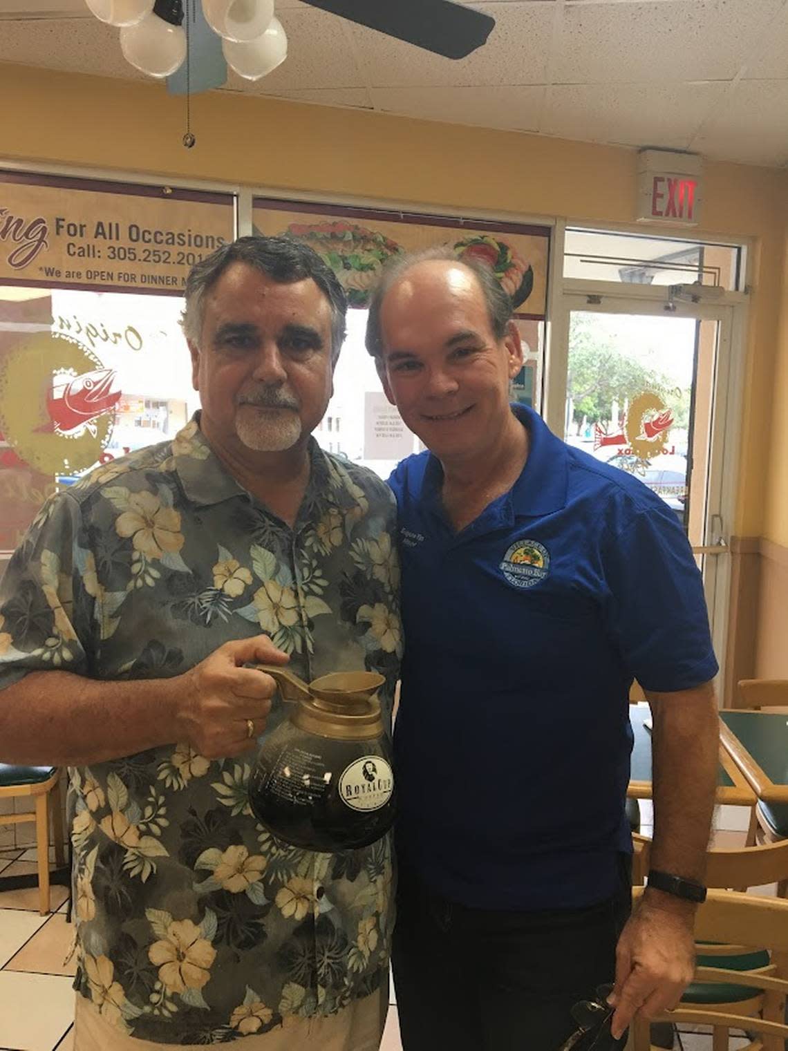 Nick Poulos and longtime Lots of Lox customer, attorney and former Palmetto Bay Mayor Eugene Flinn, at the diner. Courtesy Eugene Flinn