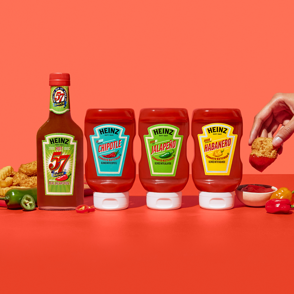 Heinz Hot Varieties is a new spicy line of ketchups (Chipotle, Jalapeno, and Habanero), and a new meat sauce (HEINZ Hot 57 Sauce). (Courtesy: Kraft Heinz)