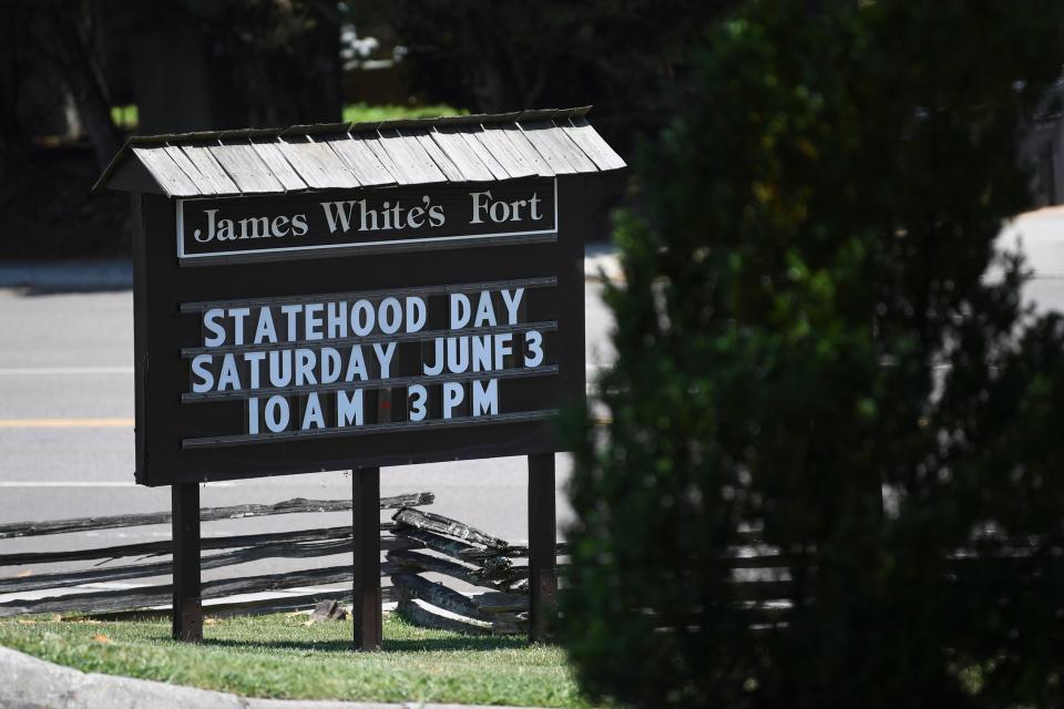 A sign invites visitors to James White’s Fort for Knoxville Historic House Museums’ Statehood Day celebration, Saturday, June 3, 2023.
