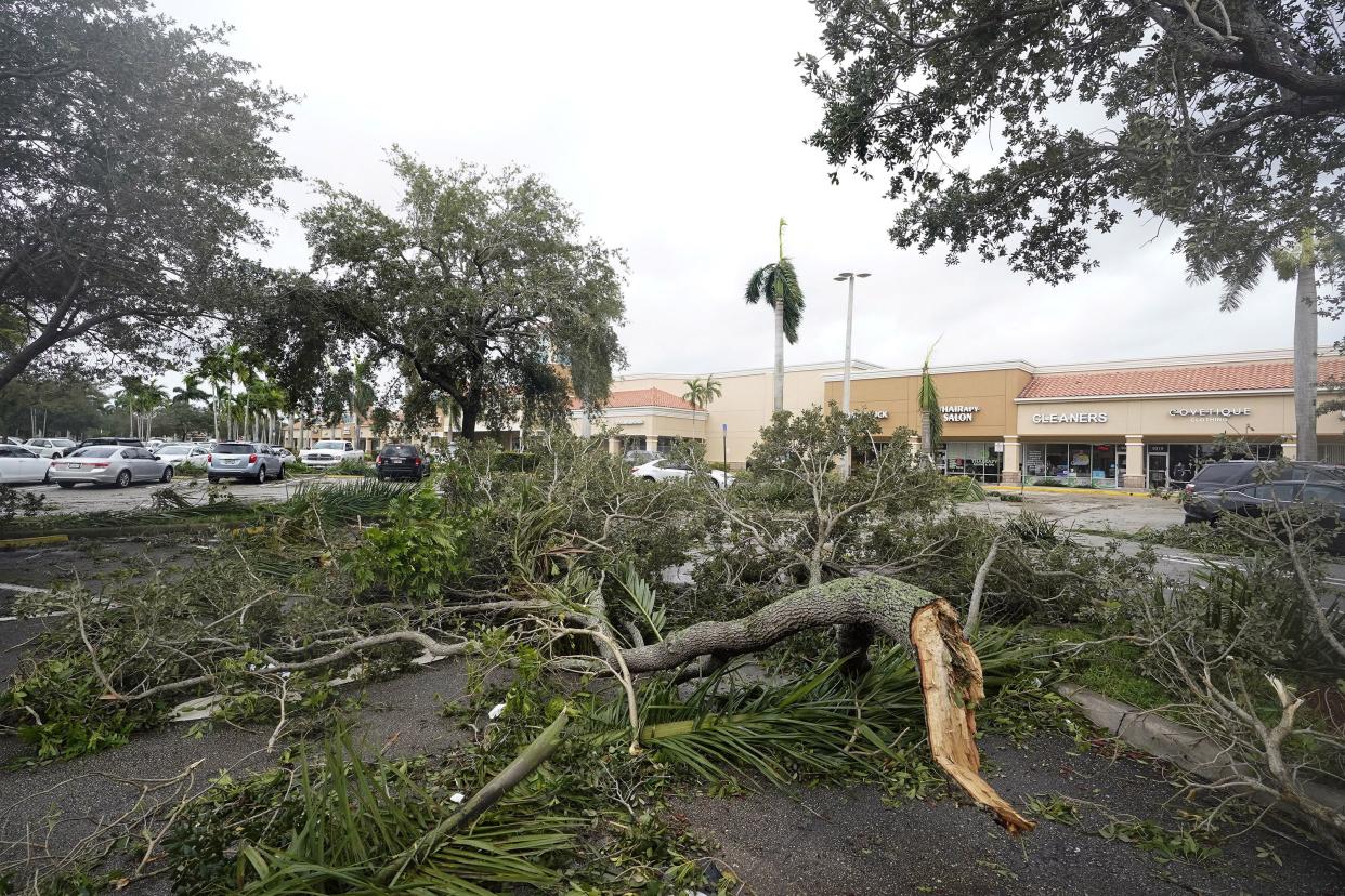 Tree limbs and palm fronds, knocked down from wind produced by the outer bands of Hurricane Ian, litter a parking lot of a shopping center, Wednesday, Sept. 28, 2022, in Cooper City, Fla.