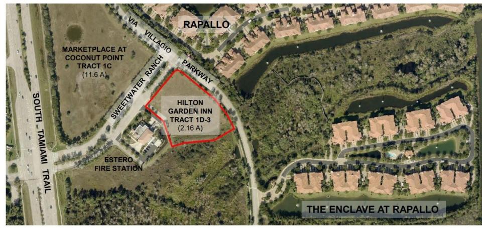 A Hilton Garden Inn is proposed at the southwest corner of Via Villagio and Sweetwater Ranch Boulevard adjacent to the Estero Fire Station.