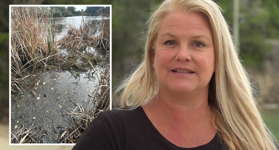 Dr Michelle Blewitt from AUSMAP is pictured. An inset of a polluted waterway filled with plastic is also seen. 