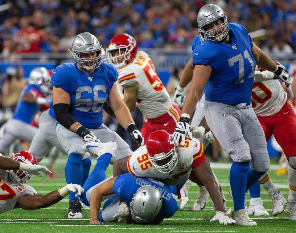Kansas City Chiefs defensive end Chris Jones sacks Detroit Lions quarterback Matthew Stafford at Ford Field, Sunday, Sept. 29, 2019. The Lions lost, 34-30.