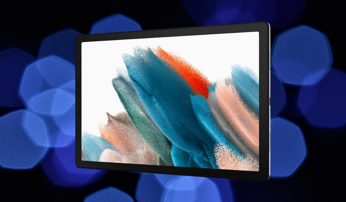 The Samsung A8 tablet with abstract colors shown on screen