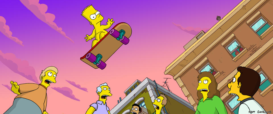 S-13    Bart Simpson flies through the air in an epic skateboarding trip that was apparently clothing-optional.
